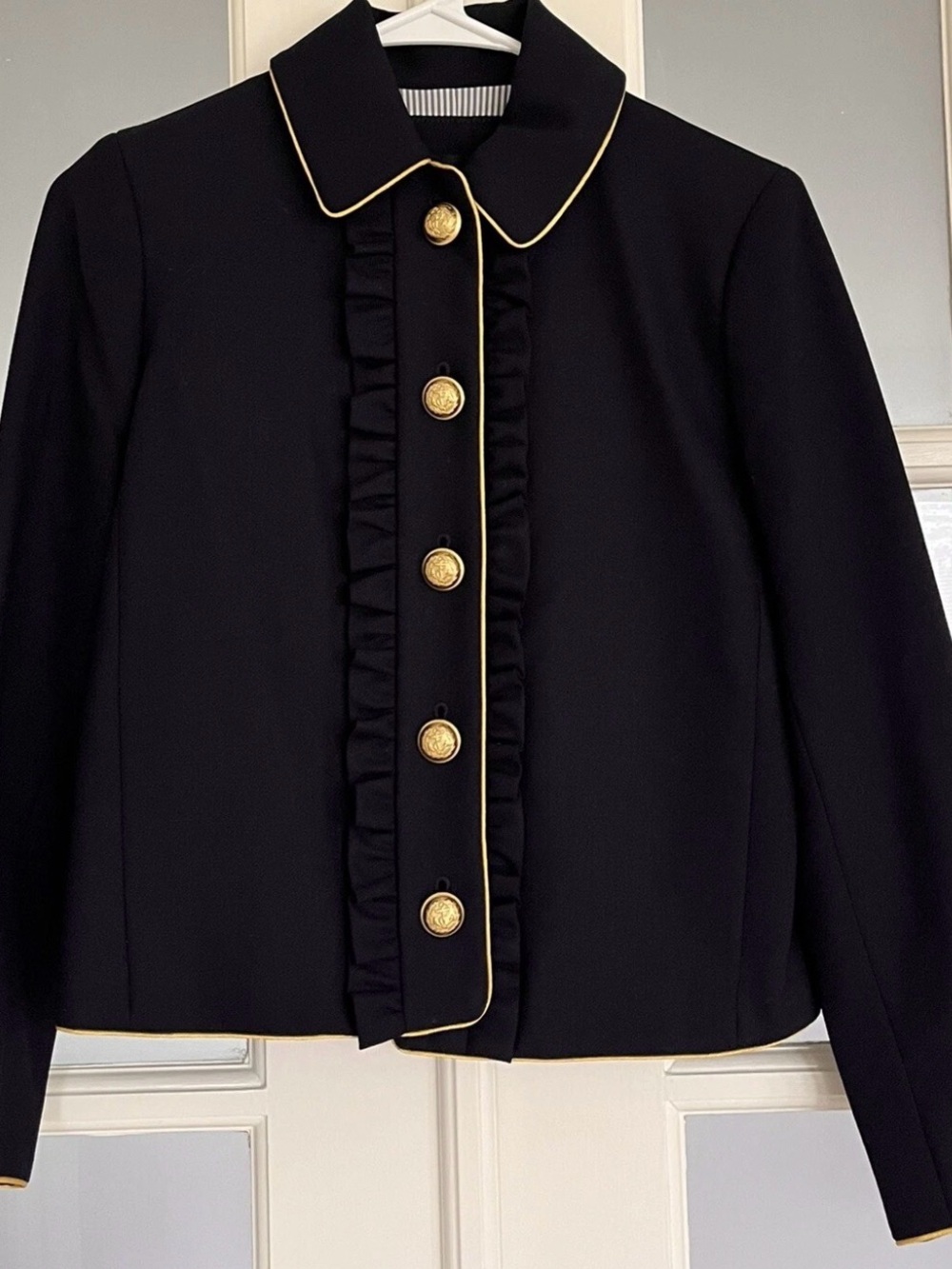 J. Crew Navy Blue Lady Jacket Gold Crest Buttons Ruffle Front